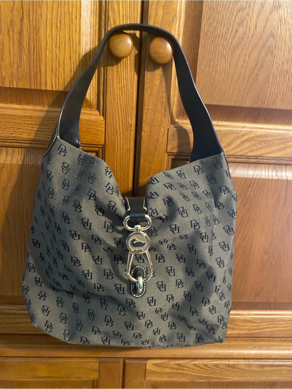 Dooney & Bourke Gray Monogram Hobo with Black Leather Strap and Silver Hardware